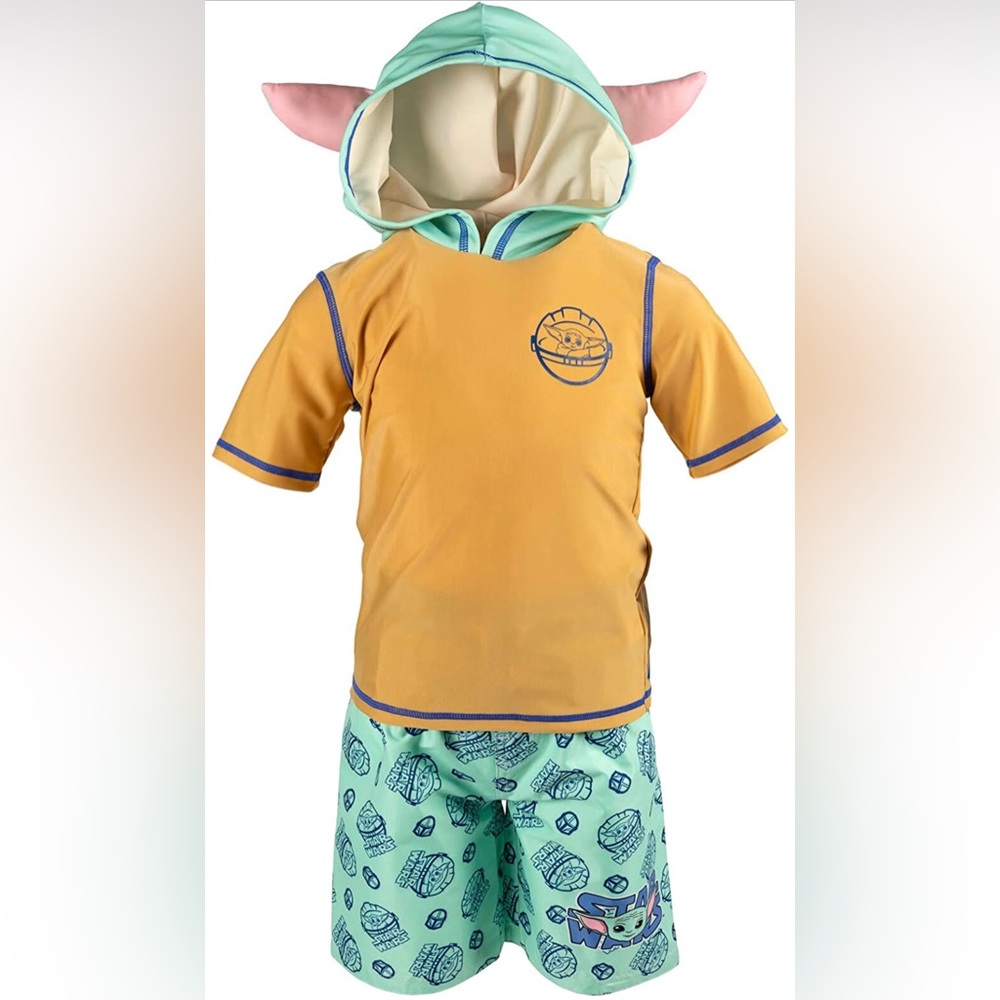 The Mandalorian Baby Grogu Pullover Swim Rash Guard Swim Trunks - size 7/8